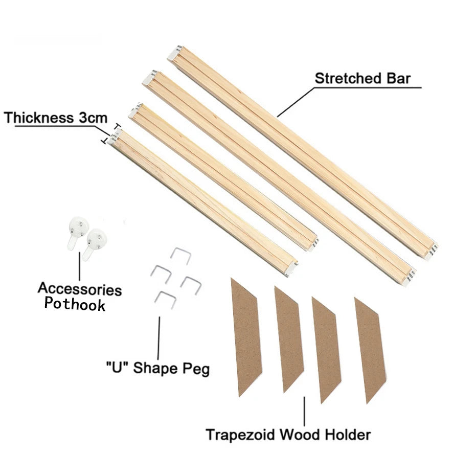 Set of wooden bars, pothook, 'U' shape pegs, and trapezoid wood holder with labels on a white background.