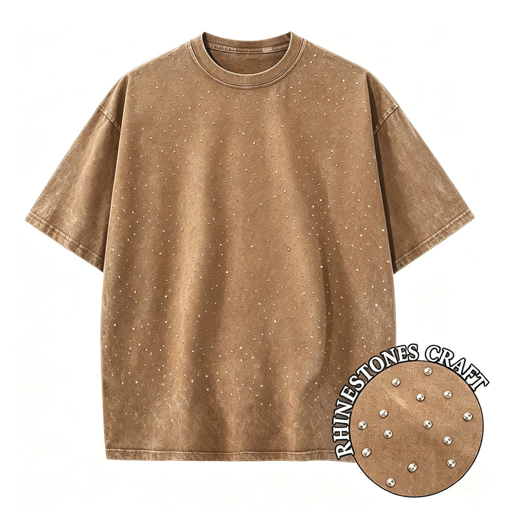 T-Shirt Unisex Rhinestone Acid Wash 100% Cotton Retro Punk Loose Hip Hop Tee