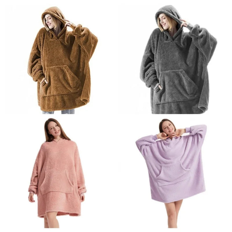 Hooded Sweatshirt Women's Double-Faced Fleece Thick Loose Pullover Pockets Warm