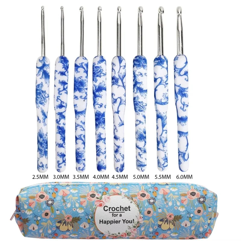 Crochet Hooks, Blue & White Porcelain-Style Set for Handmade Yarn Crafts
