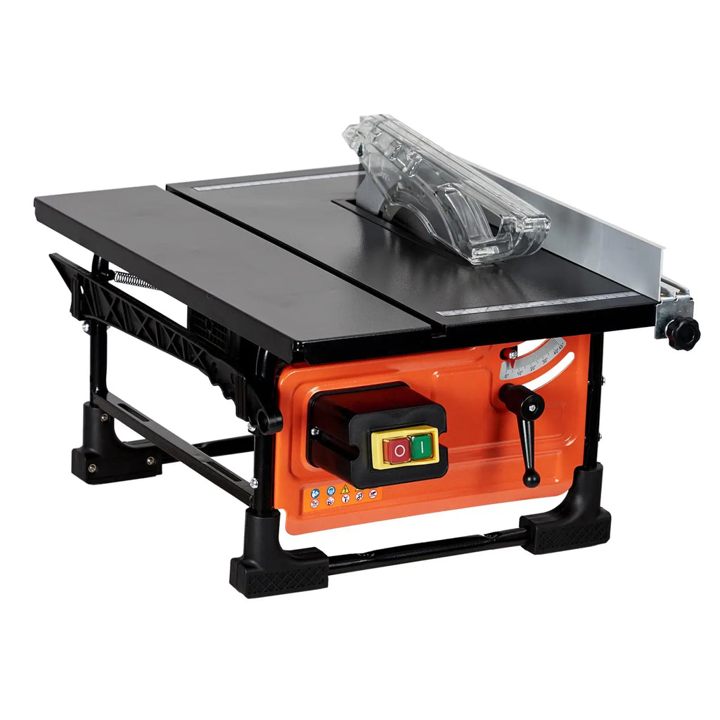 A portable table saw with a black tabletop and base, a bright orange front guard, and a clear plastic blade guard, shown on a solid white background.