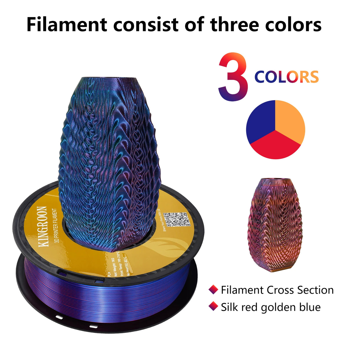3D Printer Filament Silk Tri-Color PLA 1.75mm 3-Color Shift KINGROON