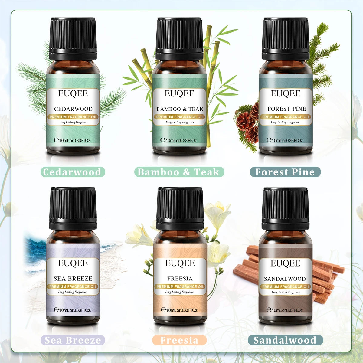 EUQEE 6PCS Fragrance Oils Gift Set For Candle Making 10ml Sea Breeze Forest Pine Bamboo & Teak Cedarwood Sandalwood Freesia