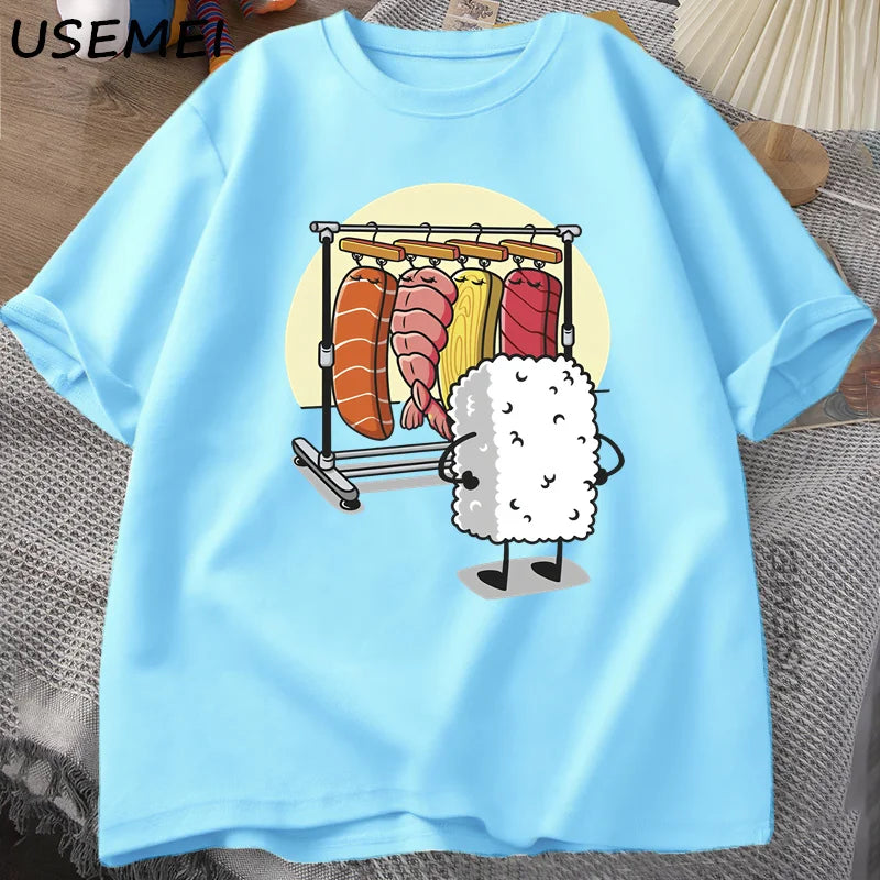 T-Shirt Sushi Wardrobe Funny Rice Ball Graphic Cotton Short Sleeve Unisex Tee