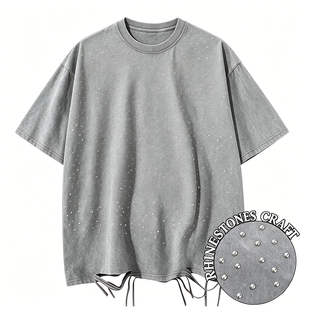 T-Shirt Unisex Rhinestone Acid Wash 100% Cotton Retro Punk Loose Hip Hop Tee