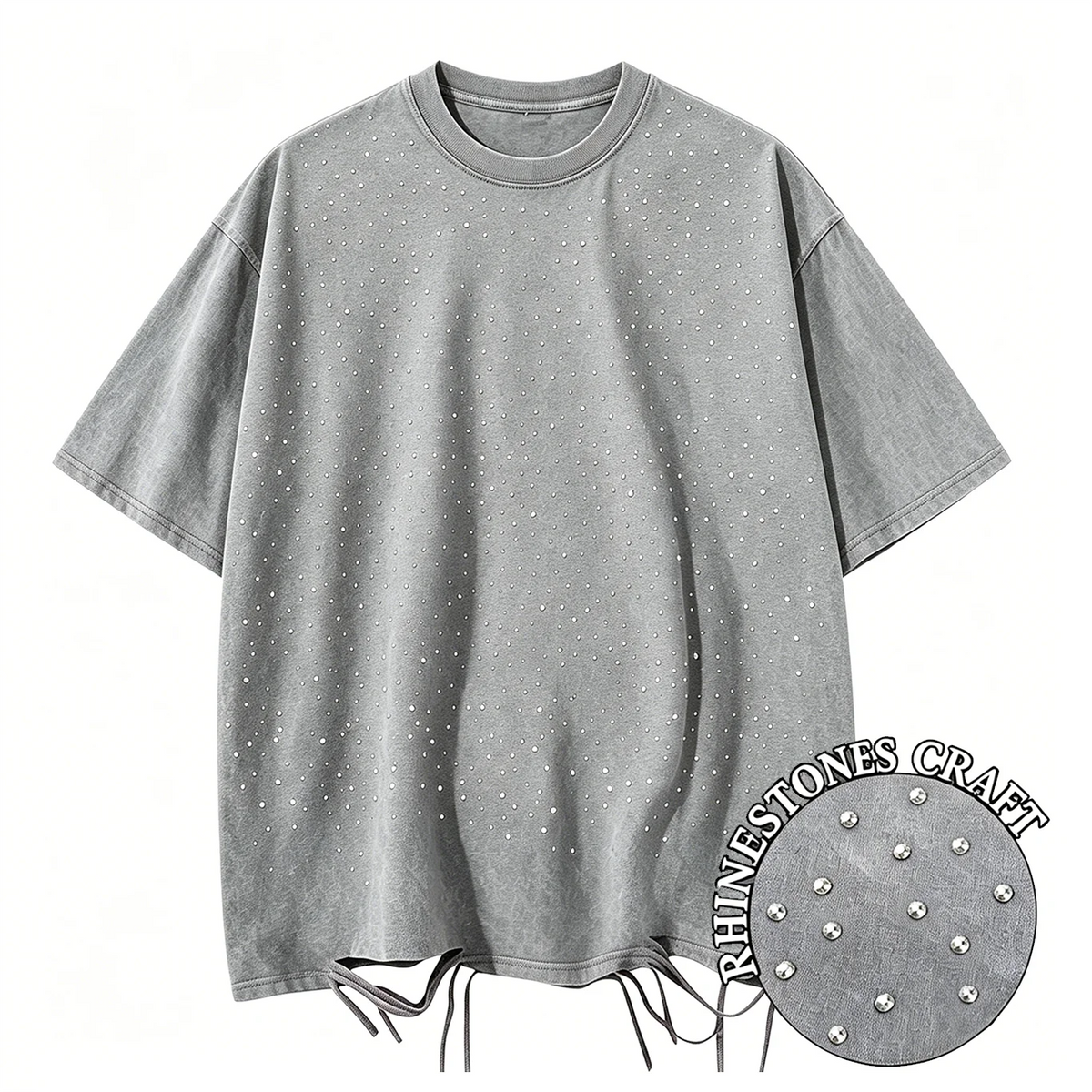 T-Shirt Unisex Rhinestone Acid Wash 100% Cotton Retro Punk Loose Hip Hop Tee