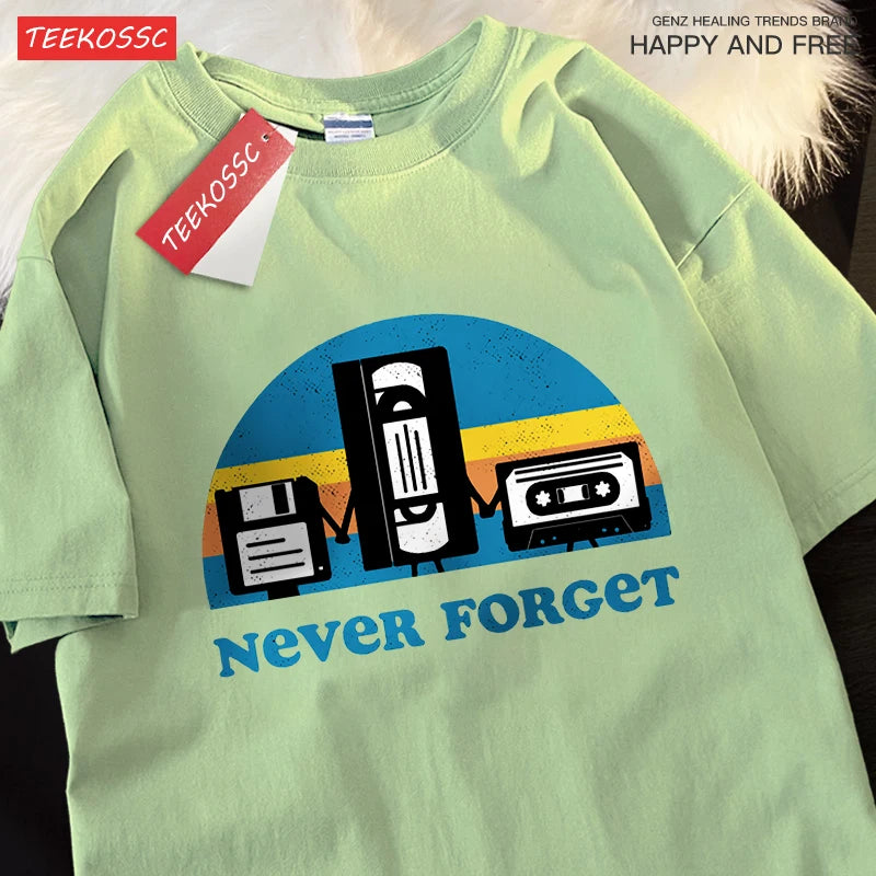 T-Shirt Unisex Never Forget Retro Tech Floppy VHS Cassette Vintage Graphic Tee