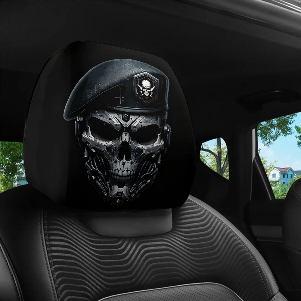 2pcs, Mechanical Skull Print Car Headrest Covers,  Elastic Design, 3D Realistic Printing,