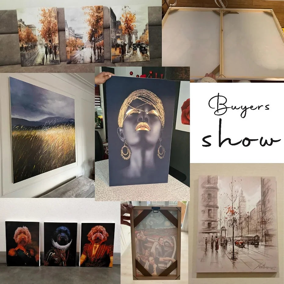 Collage of various artworks displayed in frames, with a focus on different styles and subjects.