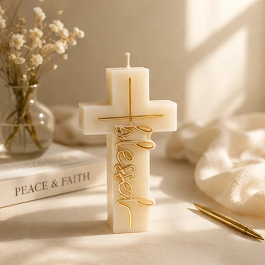 Ivory cross example candle with gold-colored Blessed lettering beside flowers and a book