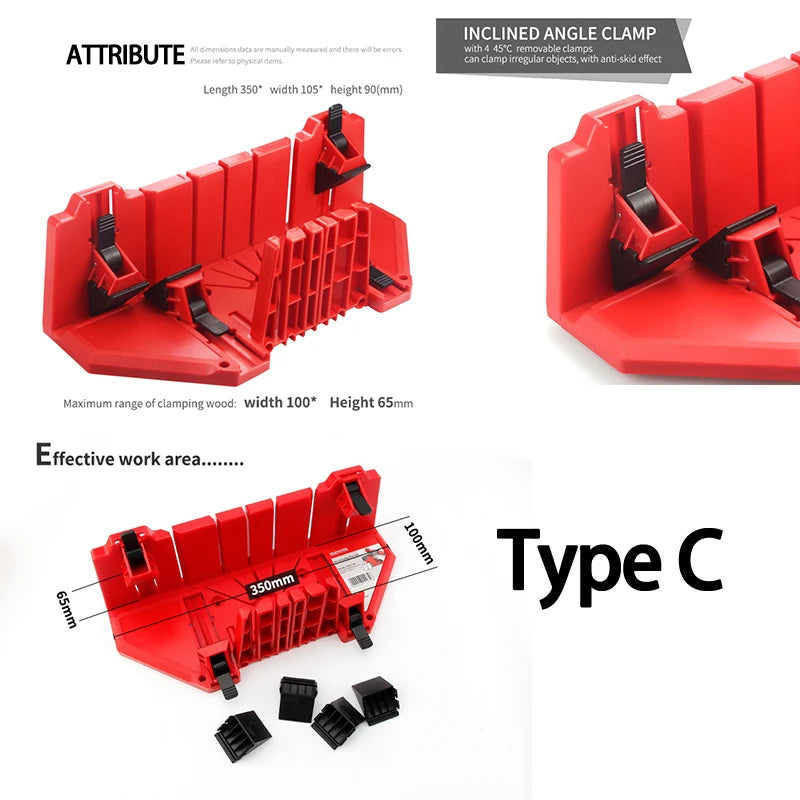 A red plastic inclined angle clamp tool shown in multiple views on a white background, with text labels including 'ATTRIBUTE', 'INCLINED ANGLE CLAMP', 'Type C', and dimension callouts. The image is explanatory rather than a plain product hero shot, so Instruction Diagram fits better than Product/Packaging.