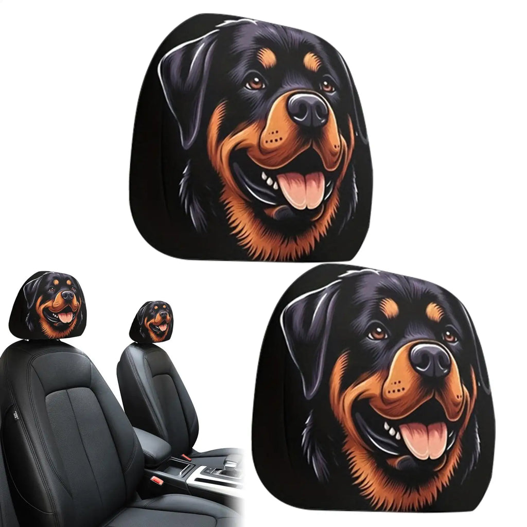 Three dog-face car seat covers shown on black car seats, with two larger close-up views and one smaller in-use view installed on two front seats. The product appears to be decorative headrest/seat cover inserts featuring a Rottweiler-style dog portrait on a black background.