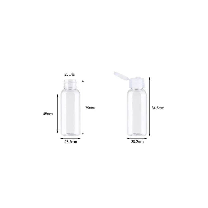 Clear empty mini bottle shown with and without a flip-top cap, with a dimension diagram