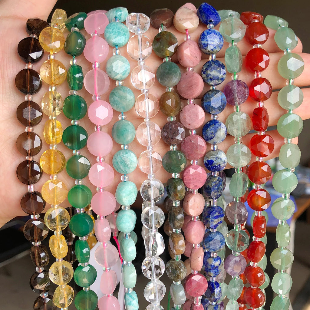 Stone Beads Nature Flat Round Amazonite Quartz-Style Agate Fluorite Craft Beads