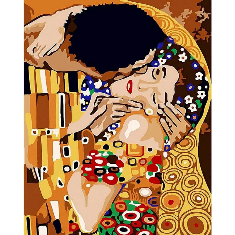Colorful depiction of 'The Kiss' by Gustav Klimt with stylized patterns and vibrant colors.