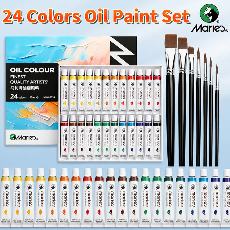 Marie's Oil Paint Set — 24 Colors, 7 Brushes, 12ml Tubes (31 Piece)