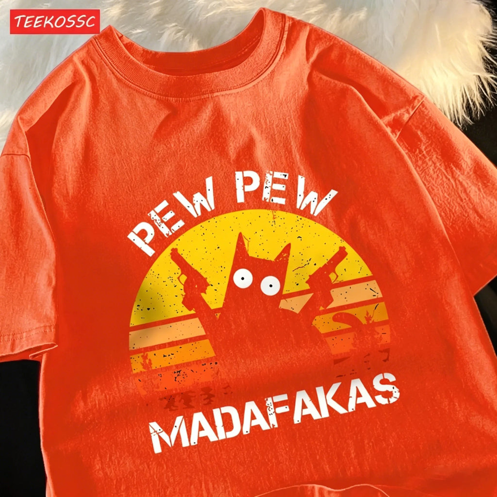 T-Shirt Unisex Pew Pew Madafakas Black Cat Retro Sunset Funny Graphic Tee
