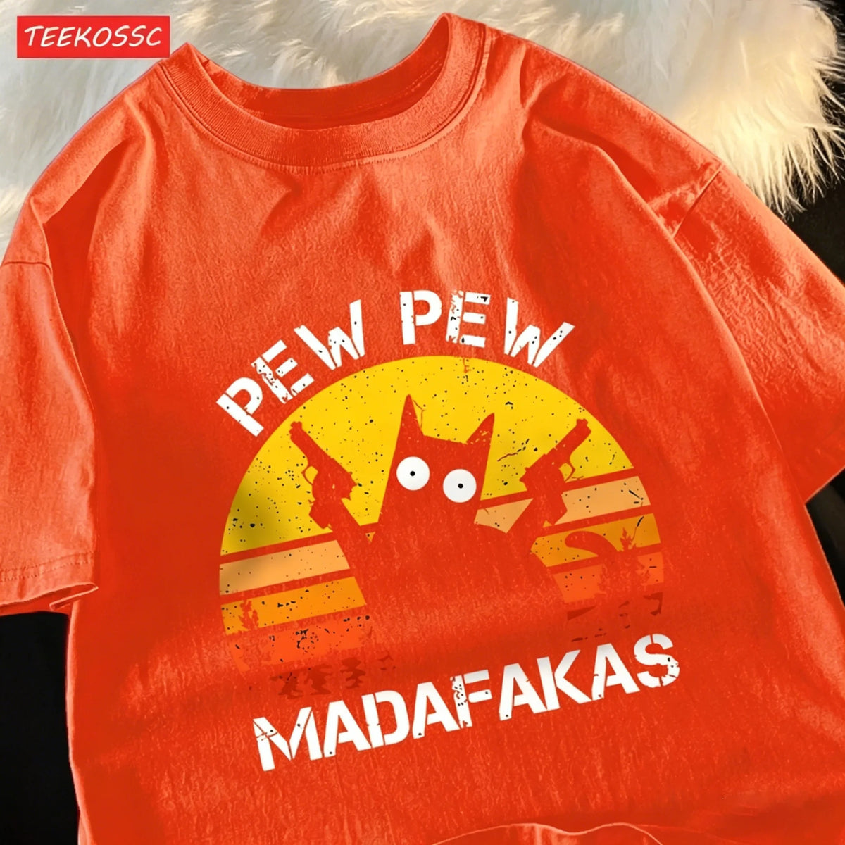 T-Shirt Unisex Pew Pew Madafakas Black Cat Retro Sunset Funny Graphic Tee