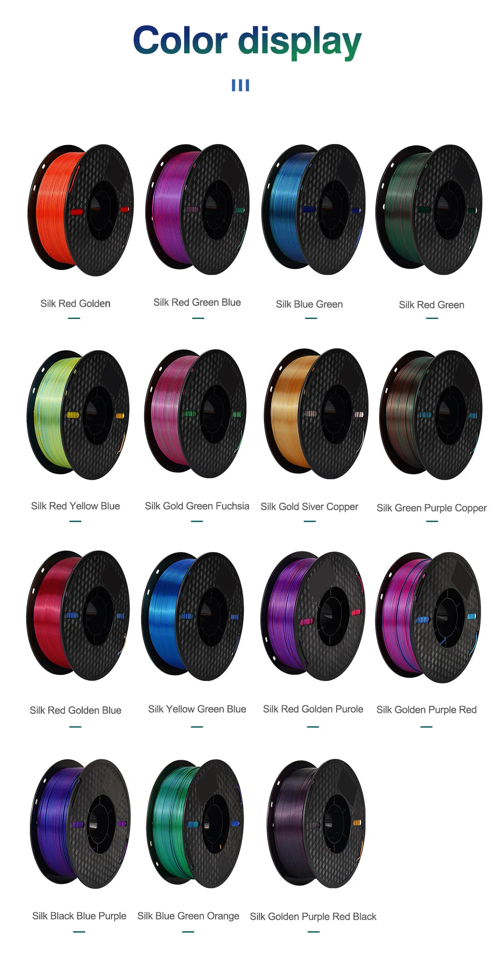 KINGROON Silk Tri-color PLA Filament 3D Printer 1.75mm 1KG/roll  Silk PLA Filament Plastic Material 3D Printing Special Color