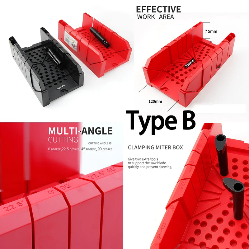 A collage showing a red and black plastic clamping miter box, labeled 'Type B,' with text callouts for effective work area, multi-angle cutting, and clamping miter box features. The image includes multiple product views and diagrams on a white background.
