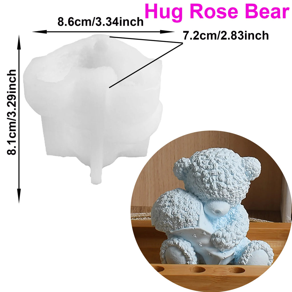Hug Rose Bear silicone mold measurement diagram with blue bear and rose bouquet casting example