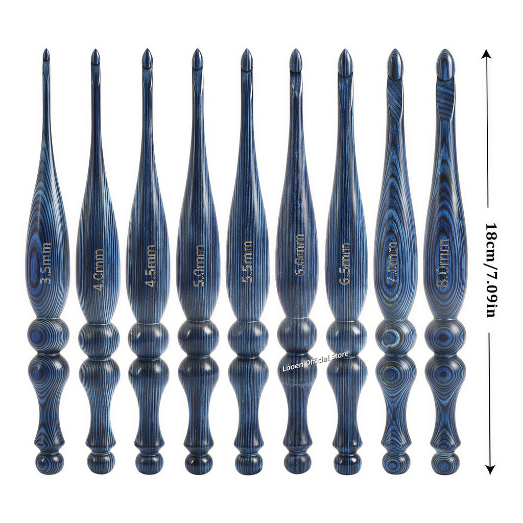 Crochet Hook, Blue Vintage-Style Wooden Handle for Handmade Yarn Crafts