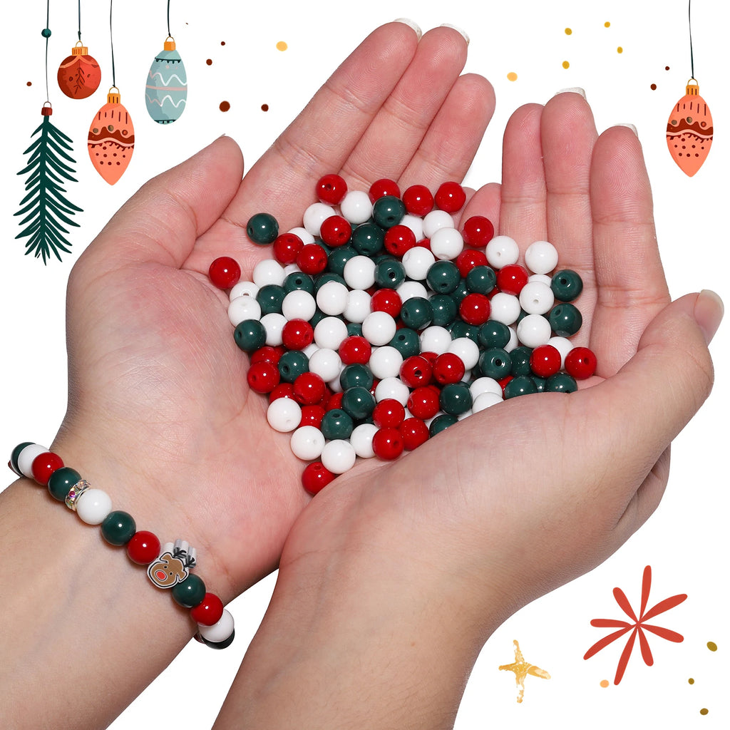 Glass Beads Round Christmas White Green Red Colors for DIY Jewelry Making