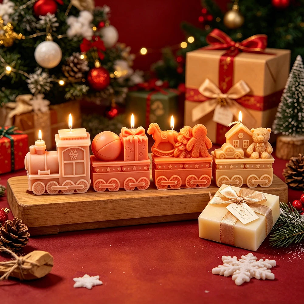3D Christmas Train Silicone Candle Mold, 4 Carriages Bear Gingerbread Man Gift Box Design Soap Mold DIY Xmas Home Decor Gift