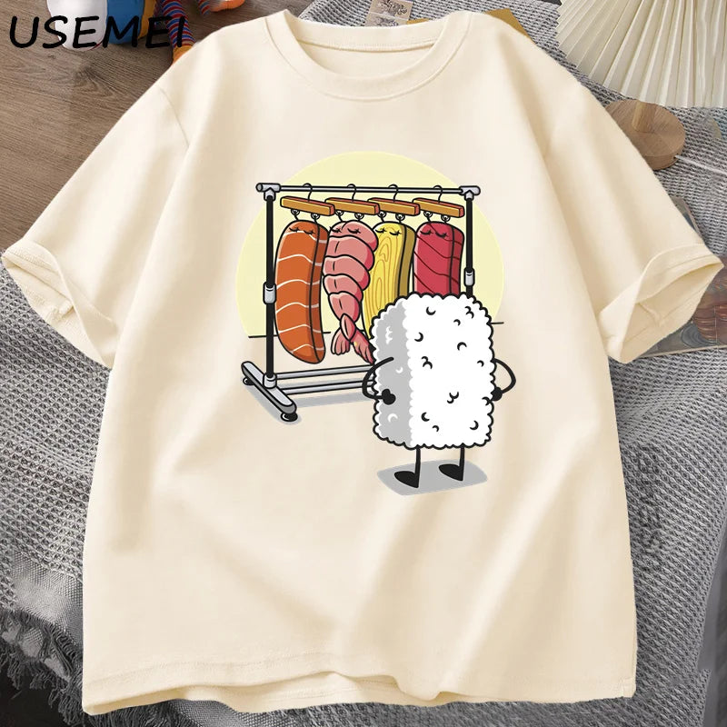 T-Shirt Sushi Wardrobe Funny Rice Ball Graphic Cotton Short Sleeve Unisex Tee