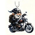 A gnome wearing a black and white skull-patterned biker hat and riding a black motorcycle, shown as a pendant necklace on a plain white background.