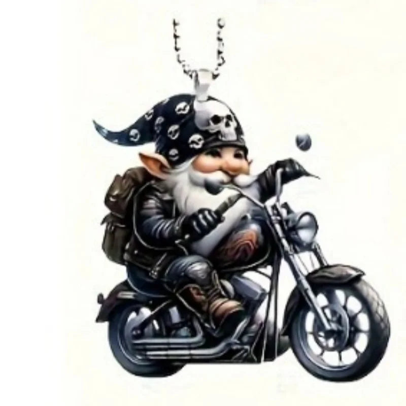 A gnome wearing a black and white skull-patterned biker hat and riding a black motorcycle, shown as a pendant necklace on a plain white background.