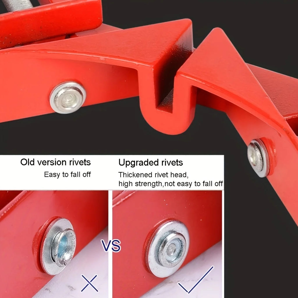 Comparison of old and upgraded rivets on a red metal component with text labels.