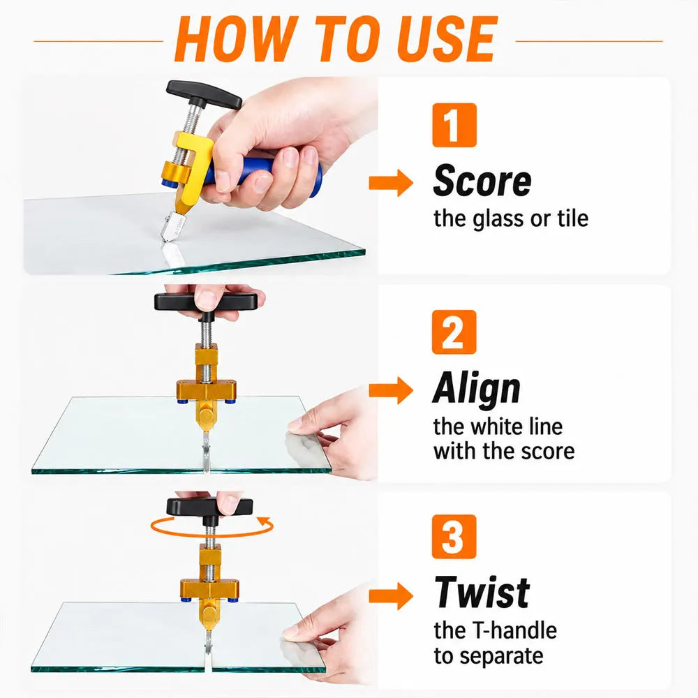Instruction diagram showing how to use a glass or tile scoring tool on a glass panel, with three numbered steps: score the glass or tile, align the white line with the score, and twist the T-handle to separate.