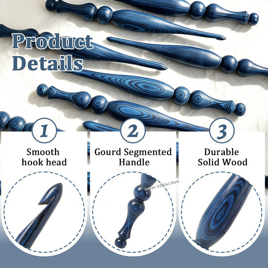 Crochet Hook, Blue Vintage-Style Wooden Handle for Handmade Yarn Crafts