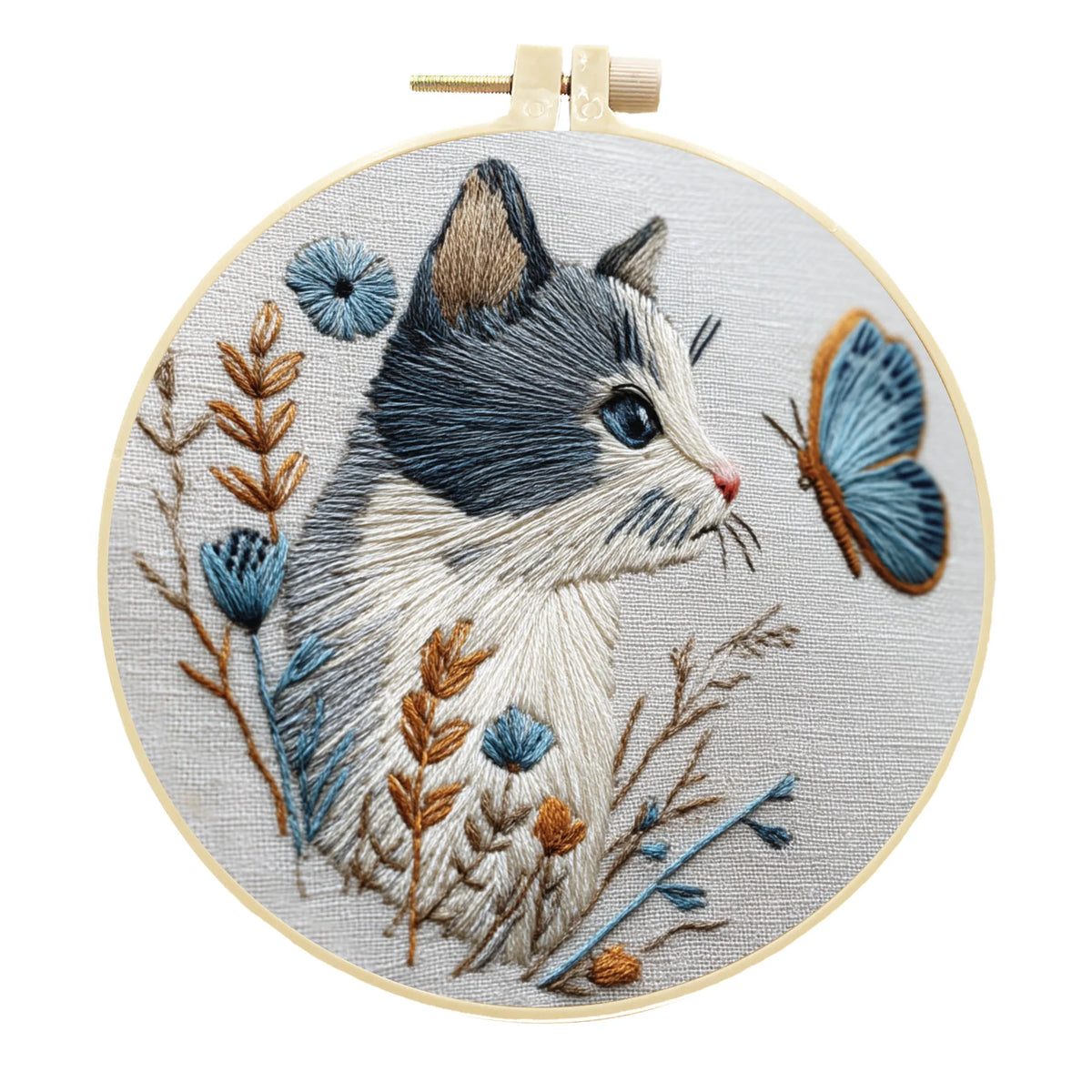 Embroidery Kit, Cat, Flowers & Butterfly Designs for Beginner Hoop Art