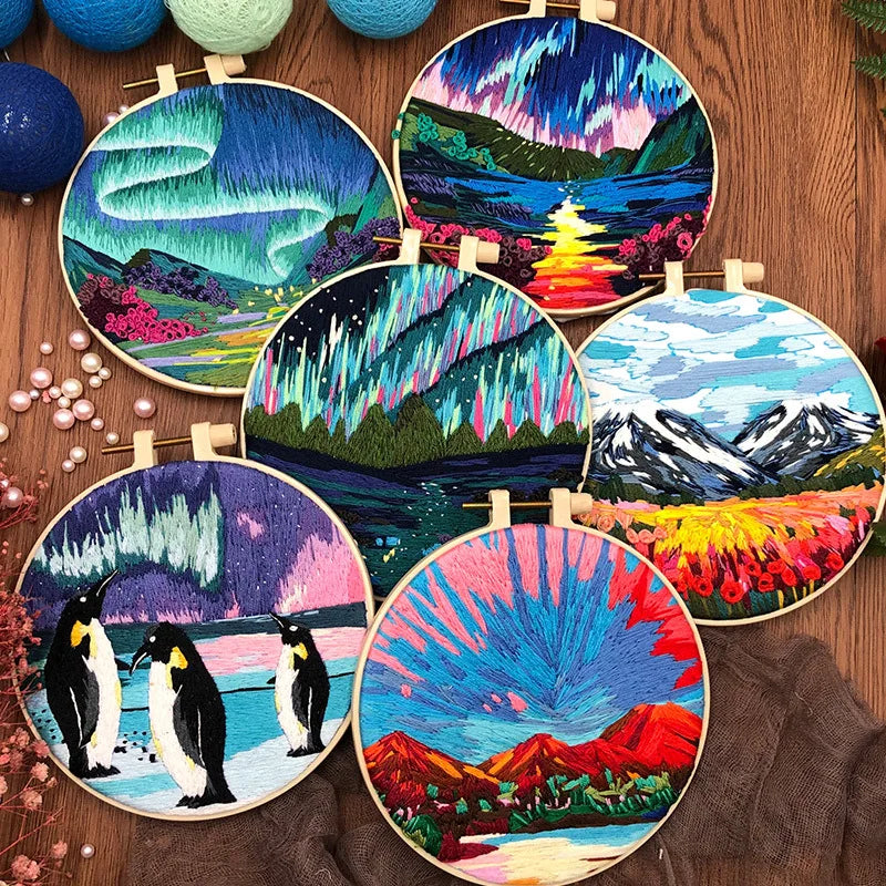 Embroidery Kit, Aurora Night Sky Scenery for Handmade Hoop Art & Decor