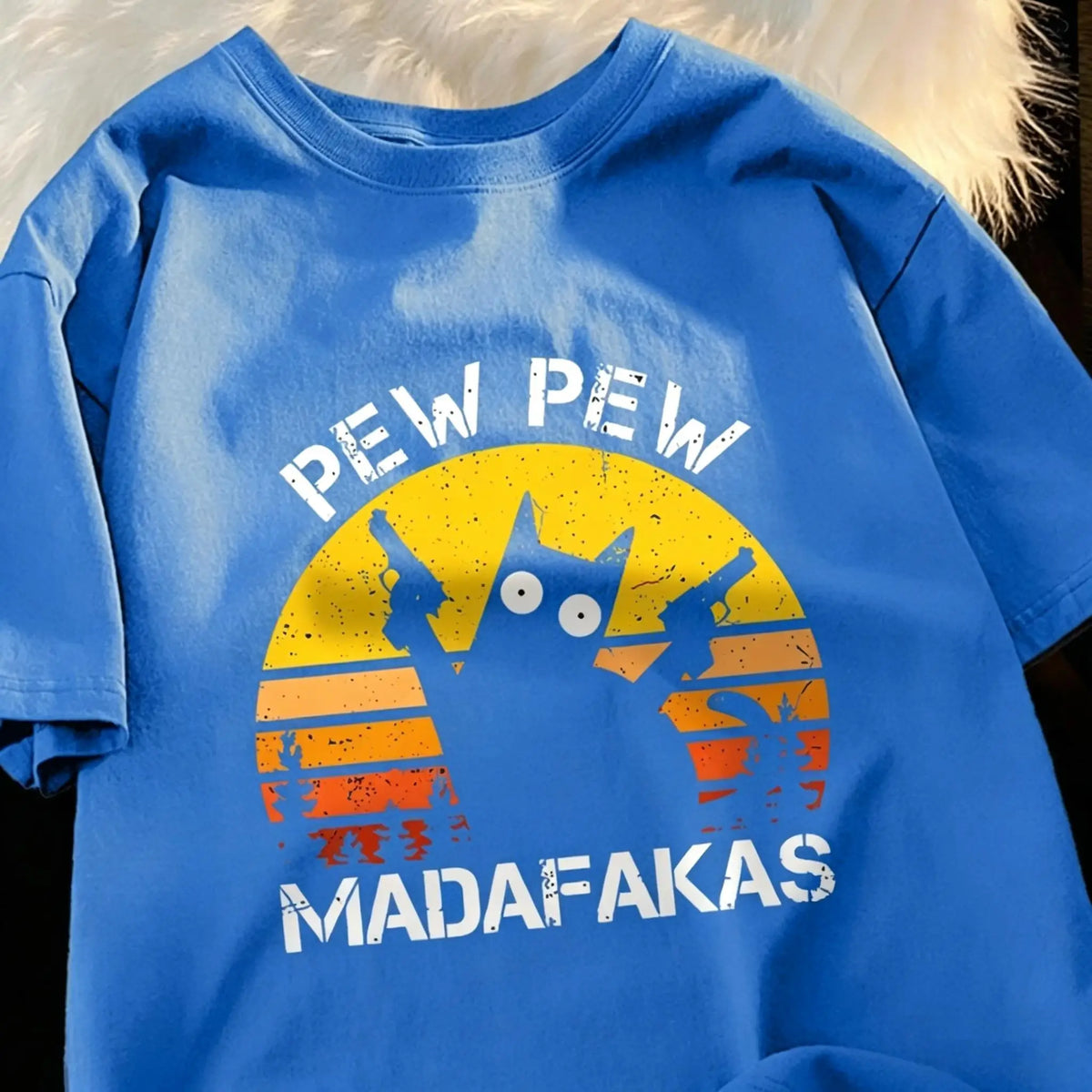 T-Shirt Unisex Pew Pew Madafakas Black Cat Retro Sunset Funny Graphic Tee