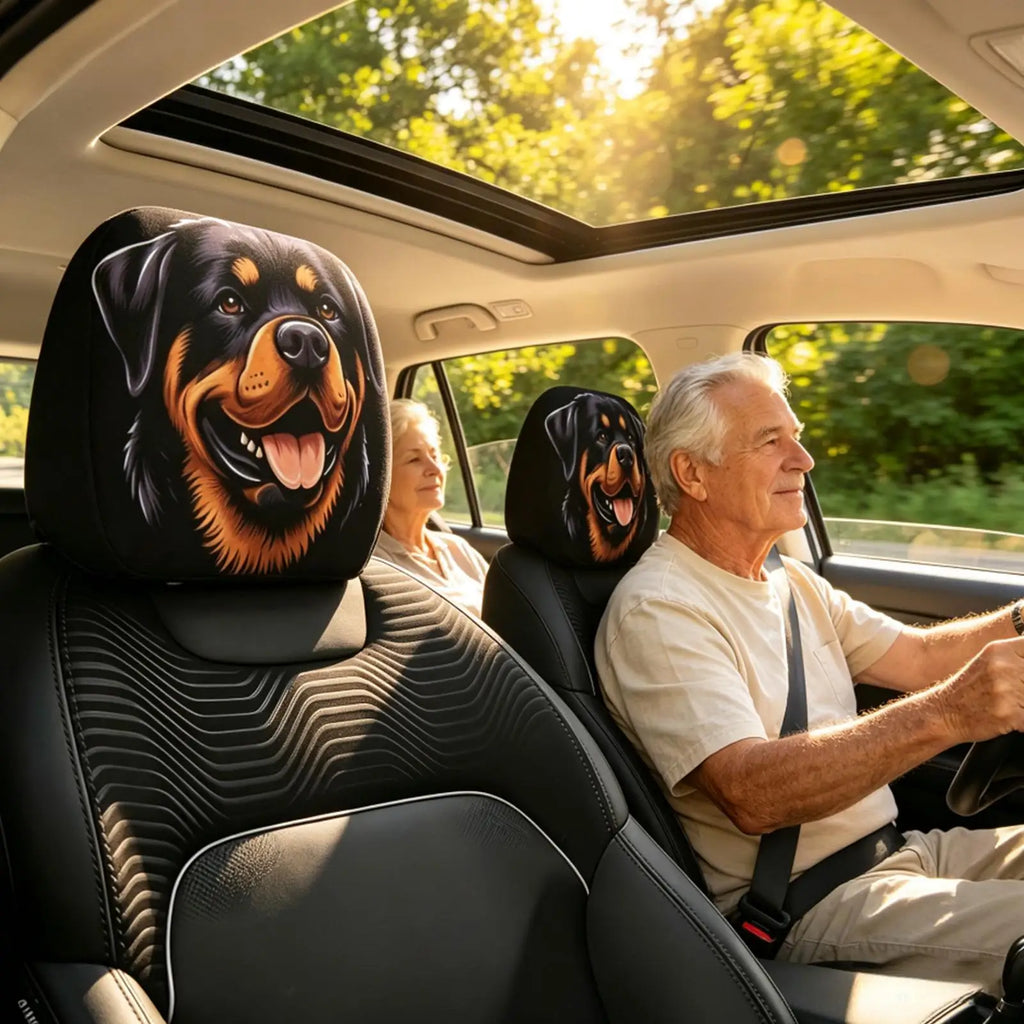 A car interior with two black headrest covers featuring a printed Rottweiler dog face, shown behind the front seats. An older man is driving and an older woman is seated in the back, with trees and sunlight visible through the windows.
