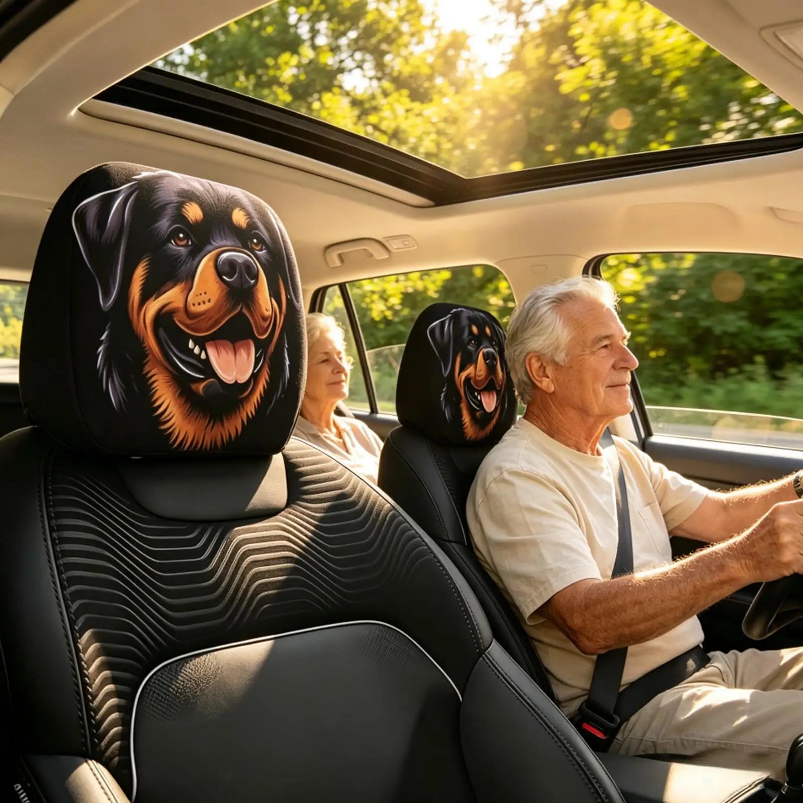 A car interior with two black headrest covers featuring a printed Rottweiler dog face, shown behind the front seats. An older man is driving and an older woman is seated in the back, with trees and sunlight visible through the windows.