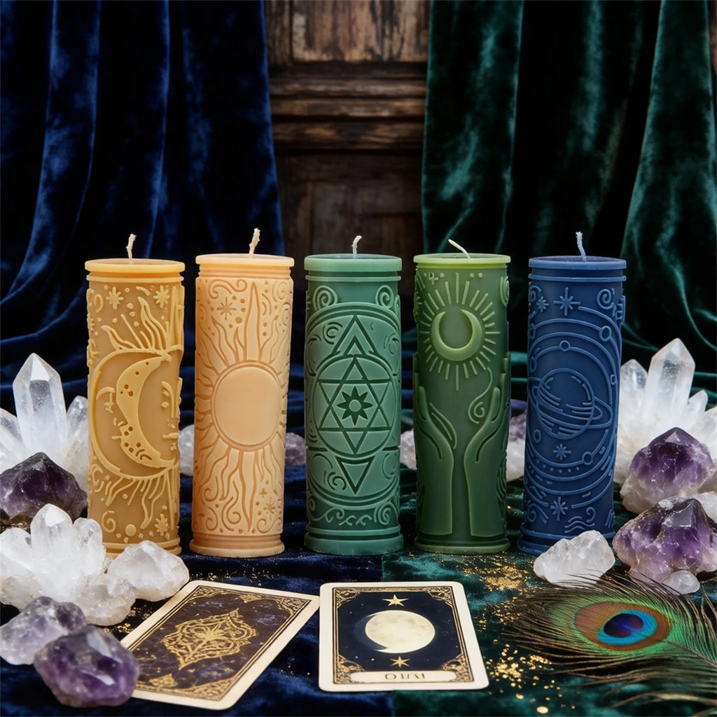 3D Relief Sun Moon Star Pillar Candle Mold Silicone Astrology Witchcraft Candle Making Mould for DIY Soy Wax Candles Home Decor