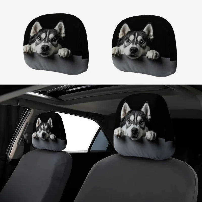2pcs Husky Dog Print Car Headrest Cover Cute Husky Face Design Easy Installation