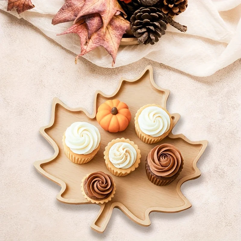 1pc Decorative Tray, Thanksgiving Day Wooden Tray, Maple Leaf Design Table Decoration, Thanksgiving Day Decoration for Home