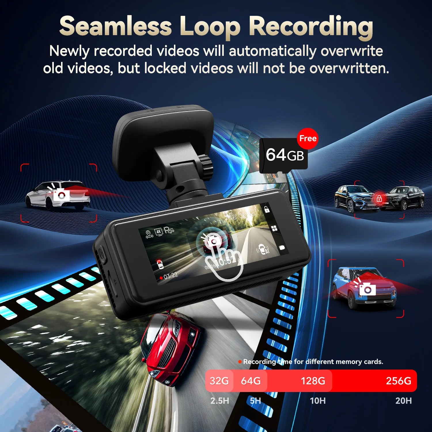 Car dashboard camera with seamless loop recording feature and memory card options on a blue background.   Product is a REDTIGER A8 4K+1080P ADAS Dash Cam 3.18" IPS Touch Screen Front And Rear Car Camera Built-in WiFi And GPS Car DVR Night Vision.