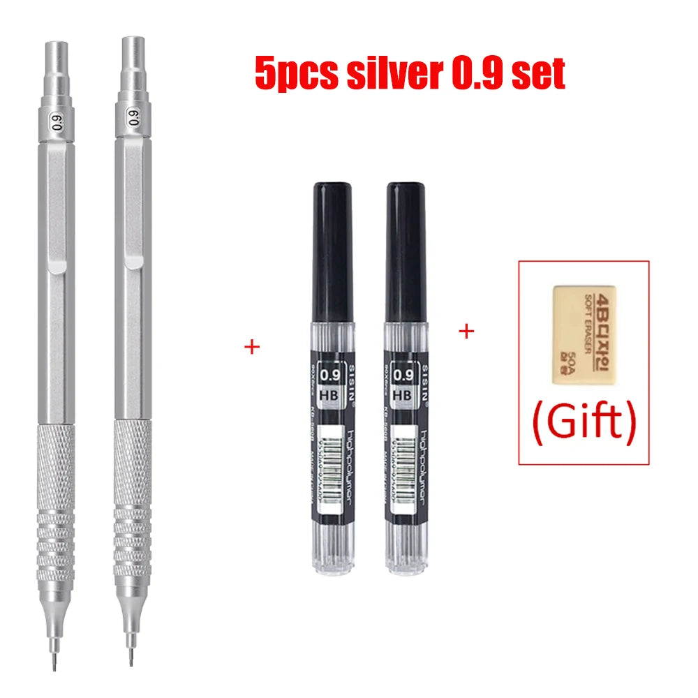 Mechanical Pencil Set, 5 Piece Metal — 0.5 to 2.0mm, Black or Silver