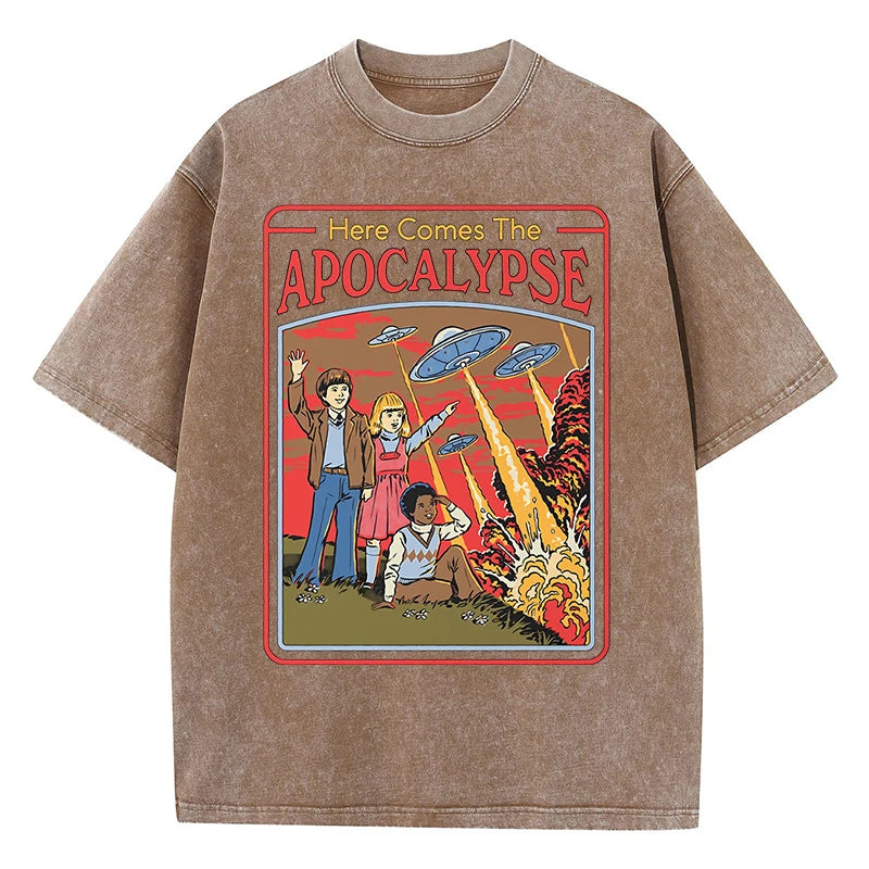 T-Shirt Unisex Here Comes the Apocalypse UFO Retro Washed Vintage Graphic Tee