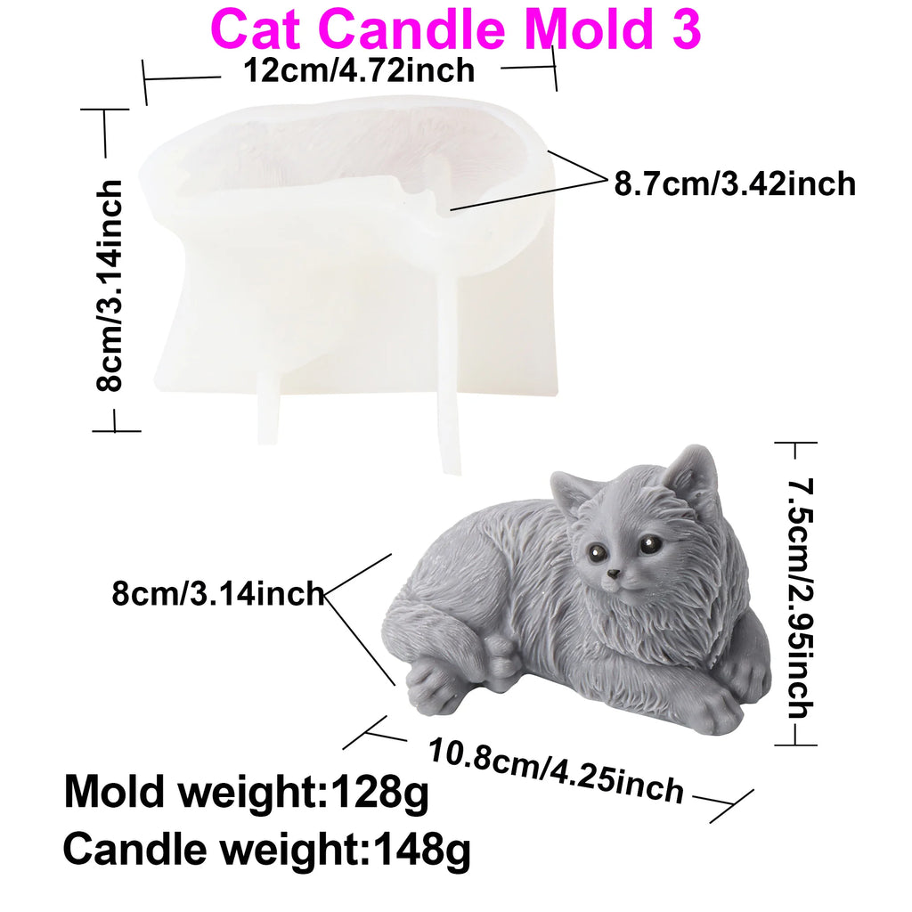 Cat Candle Mold 3 diagram with reclining fluffy cat example and separate mold and casting measurements