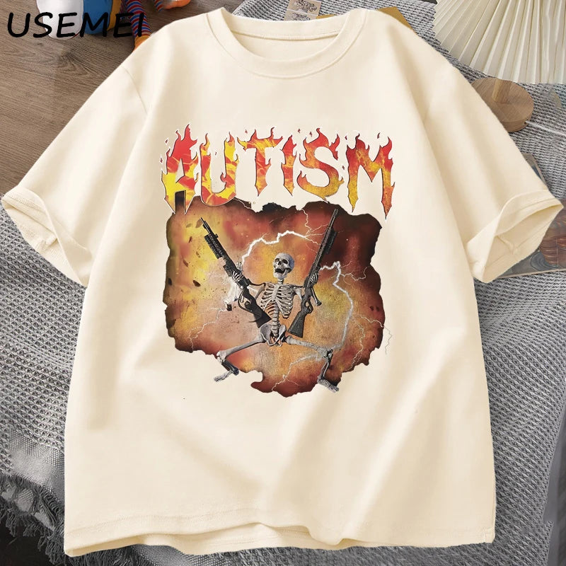 T-Shirt Autism Flame Text Skeleton Graphic Cotton Short Sleeve Unisex Tee