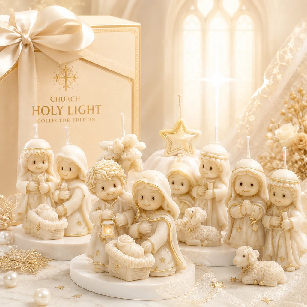Ivory Nativity example candles with smiling Holy Family figures, baby Jesus and lamb details