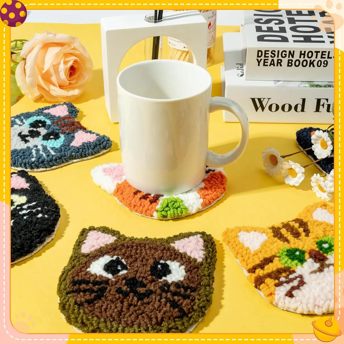 Punch Needle Coaster Kit, Cat Designs for Handmade Cup Mats & Table Decor