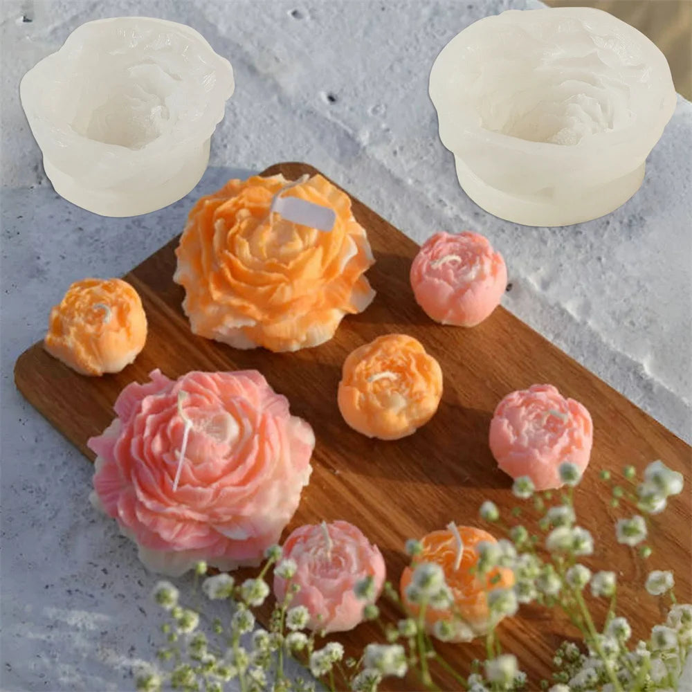 Peony Flower Candle Mold DIY Bud Flower Petal Resin Casting and Soap Making Molds 3D Heart Rose Floral Mold for Home Decor Gift